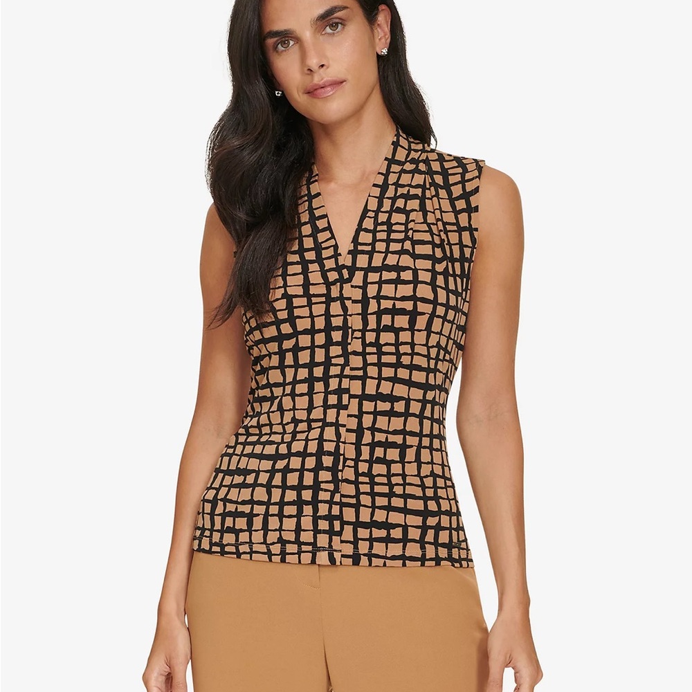 Calvin Klein Black and Tan Fitted Sleeveless Blouse